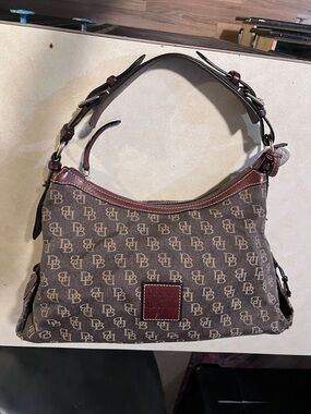 Dooney & Bourke Brown Signature Canvas Shoulder Bag with Dark Brown Trim